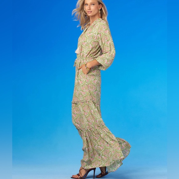 NICOBLU MACKENZIE RUFFLE DRAWSTRING MAXI DRESS IN DELICATE FERNS boho pockets - Picture 5 of 6